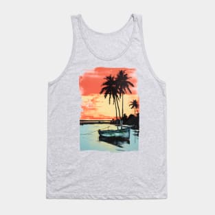 Palm Trees Sunset Tropical Beach Boat Seascape Graphic Tank Top